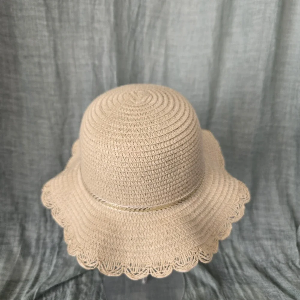 Girl's Spring Easter Straw‎ Scalloped Brim Hat Pink Swan Chin Strap
